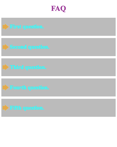 screenshot of the faq accordian dropdown question and answer boxes web page