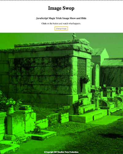 screenshot of web page with a green tinted cemetery photograph